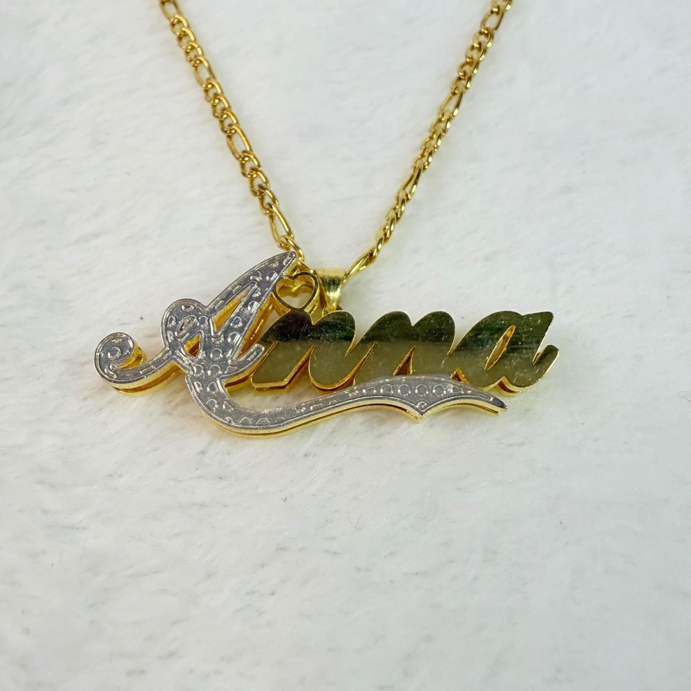 Anna Nameplate Necklace Gold Tone 3D Double Plate Figaro Chain Personalized 18in
